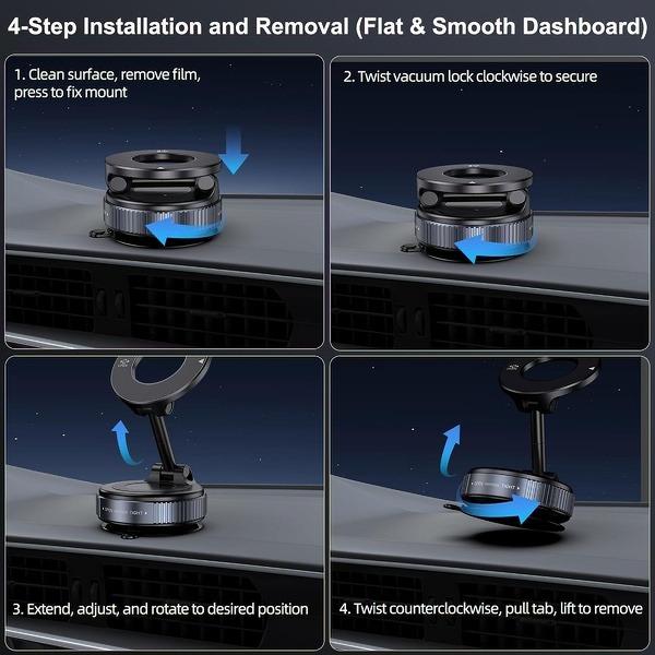 Foldable Magnetic Car Phone Mount - 20 N52 Magnets, Vacuum Suction Cup with Heat-Resistant Nano-Adhesive Base for MagSafe Phones, Cars, Tools And Gadgets