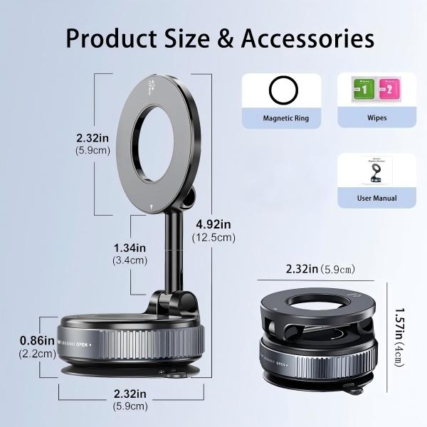 Foldable Magnetic Car Phone Mount - 20 N52 Magnets, Vacuum Suction Cup with Heat-Resistant Nano-Adhesive Base for MagSafe Phones, Cars, Tools And Gadgets