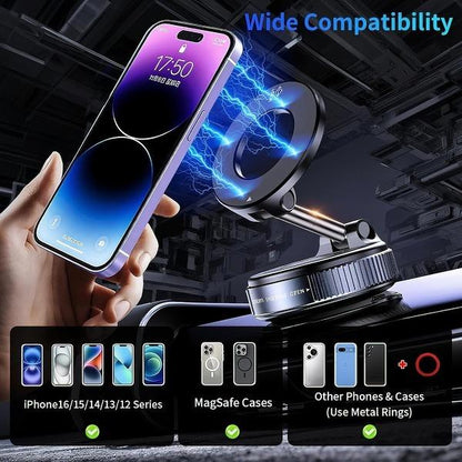 Foldable Magnetic Car Phone Mount - 20 N52 Magnets, Vacuum Suction Cup with Heat-Resistant Nano-Adhesive Base for MagSafe Phones, Cars, Tools And Gadgets