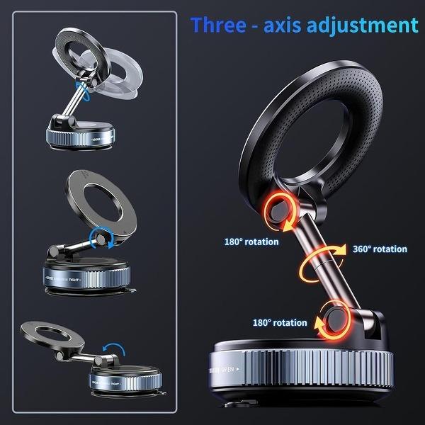 Foldable Magnetic Car Phone Mount - 20 N52 Magnets, Vacuum Suction Cup with Heat-Resistant Nano-Adhesive Base for MagSafe Phones, Cars, Tools And Gadgets