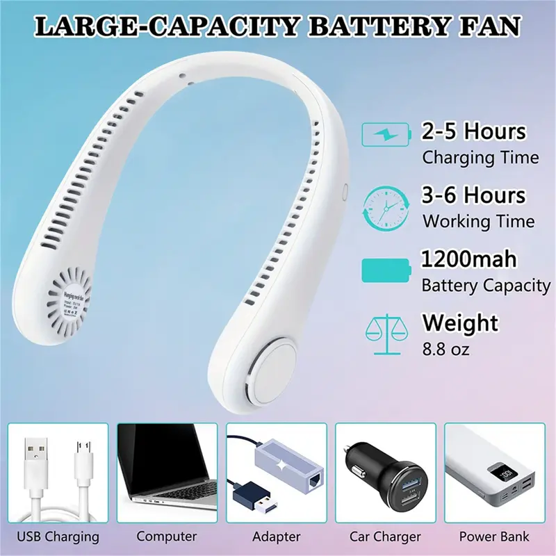 USB Portable Bladeless Neck Fan – Hands-Free Wearable Fan with 4 Airflow Channels, Quiet Operation, Rechargeable Personal Cooling Fan