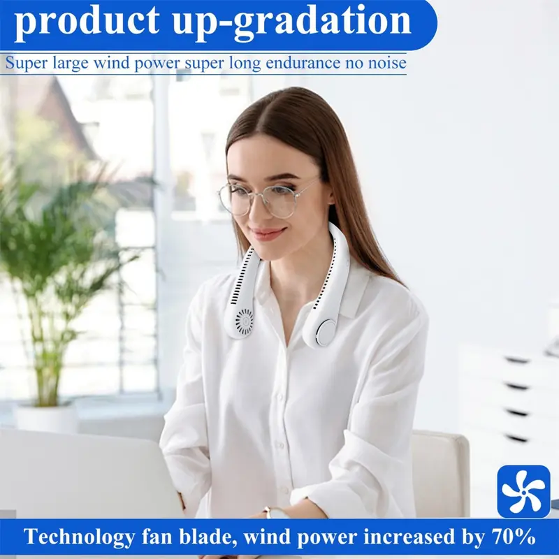 USB Portable Bladeless Neck Fan – Hands-Free Wearable Fan with 4 Airflow Channels, Quiet Operation, Rechargeable Personal Cooling Fan